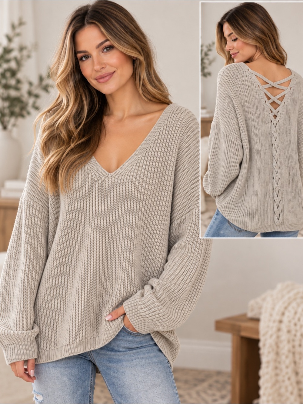 Beige Lace-Up Back Braided Front Chunky Knit Sweater Size S/M